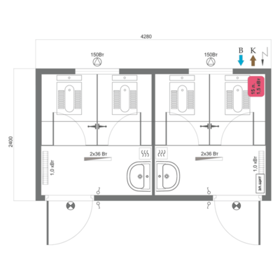 Схема модульного туалета с напольными унитазами, серия КМТ